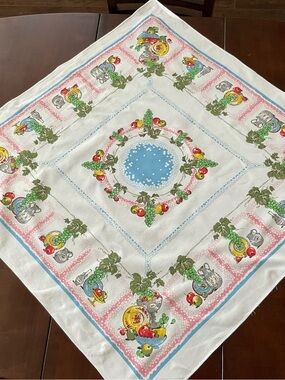 Vintage Fruit Print Tablecloth - White with Blue, Green, Red Accents